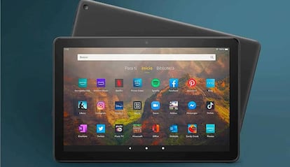 Tablet Amazon con fondo azul