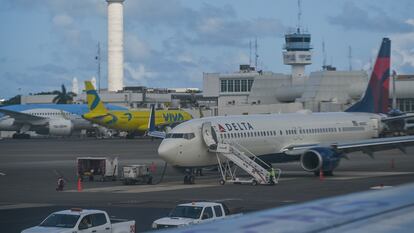 Delta Airline plane seen at Cancun International Airport. April 25, 2022.